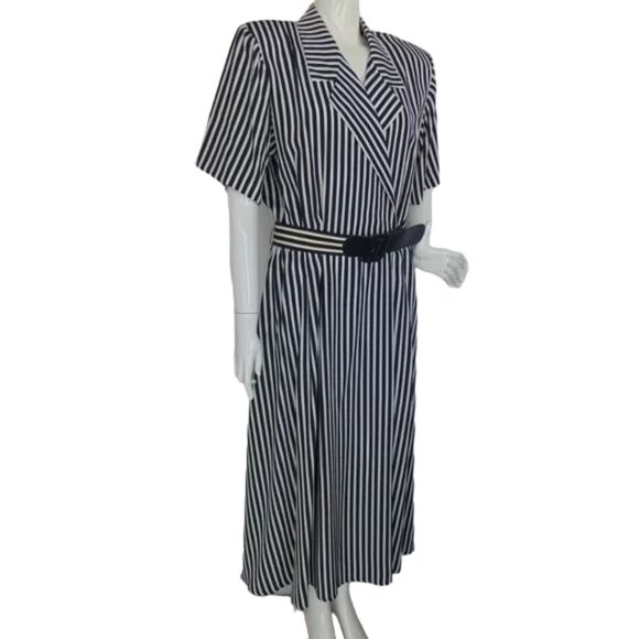 LESLIE FAY Dress, 12, Midi, Blue/White stripes, Belt, Short sleeve, Poly - Picture 2 of 14